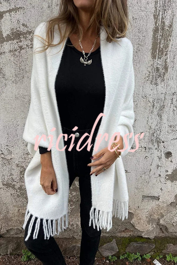 Warm Corner Knit Plush Tassel Trim Relaxed Shawl Cardigan