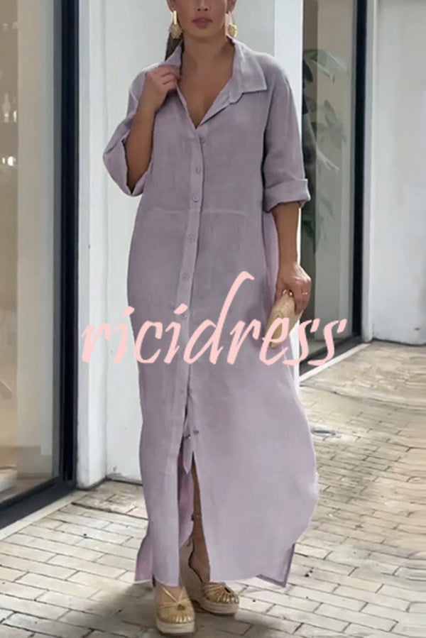 Linen Blend Solid Long Sleeve Buttoned Loose Shirt Style Maxi Dress