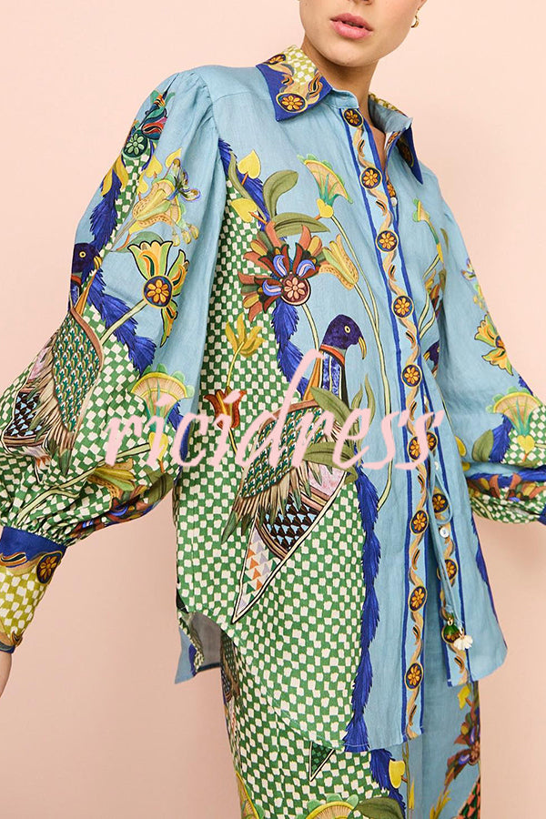 Sun Seeking Unique Heaven Bird Print Balloon Sleeve Button Loose Shirt