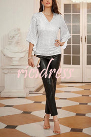 Solid Color Sequined V-neck Hollow Sleeve Slim Fit Top