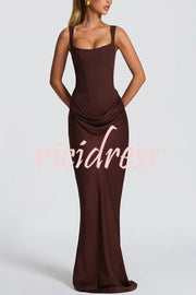 Larrah Square Neck Back Lace-up Satin Drape Hem Maxi Dress