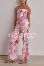 Linen Blend Unique Printed Bandeau Top and Elastic Waist Pocket Pants Set