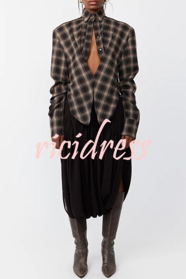 Vintage Plaid Shoulder Pad Buttons Long Sleeve Angled Hem Shirt