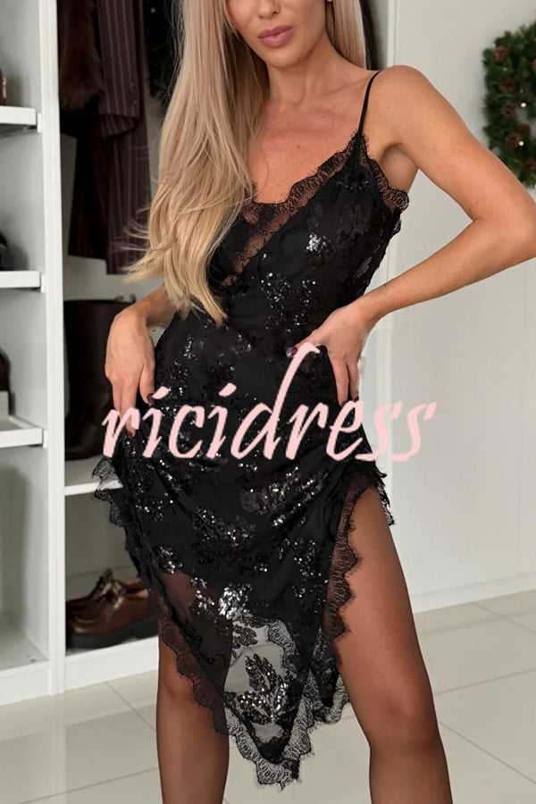 Charming and Romantic Floral Sequin Lace Trim Irregular Slit Hem Slip Mini Dress