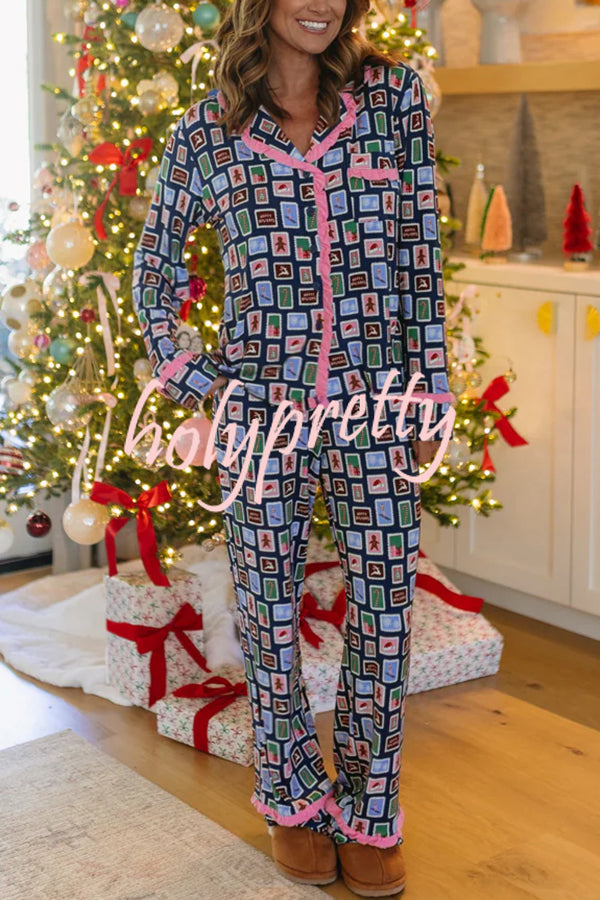 Postcards To Santa Unique Print Ruffles Trim Pocket Shirt and Elastic Waist Pajama Set