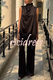 Simply Luxe Satin High Neck Irregular Hem Top and Elastic Waist Flare Loose Pants Set