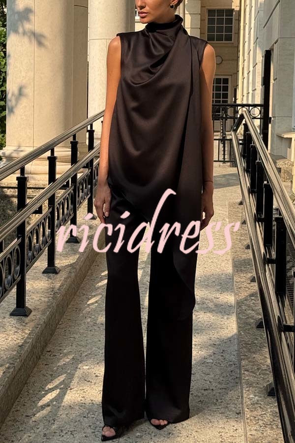 Simply Luxe Satin High Neck Irregular Hem Top and Elastic Waist Flare Loose Pants Set