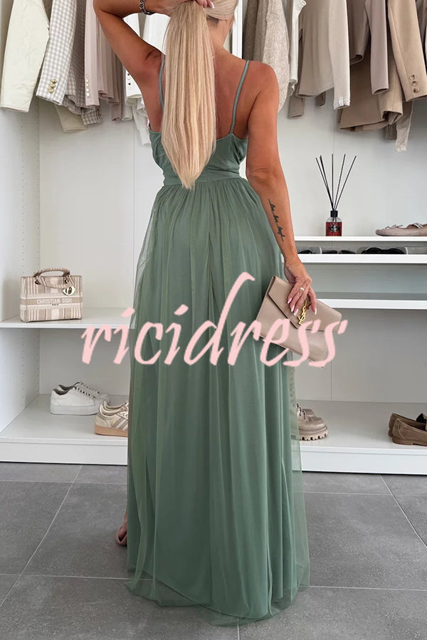 Solid Color Tulle Halter Back High Slit Maxi Dress