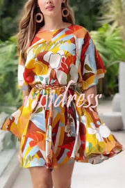 Unique Printed Round Neck Short Sleeve Waist Tie Vacation Mini Dress