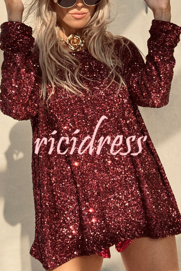Haute Holidays Sequin Wide Neck Long Sleeve Loose Top