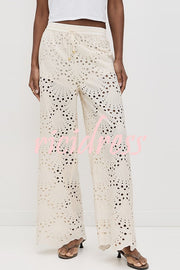 Lillah Embroidered Lace Shell Pattern Elastic Waist Pocket Wide Leg Pants