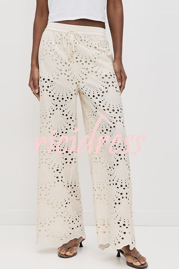 Lillah Embroidered Lace Shell Pattern Elastic Waist Pocket Wide Leg Pants