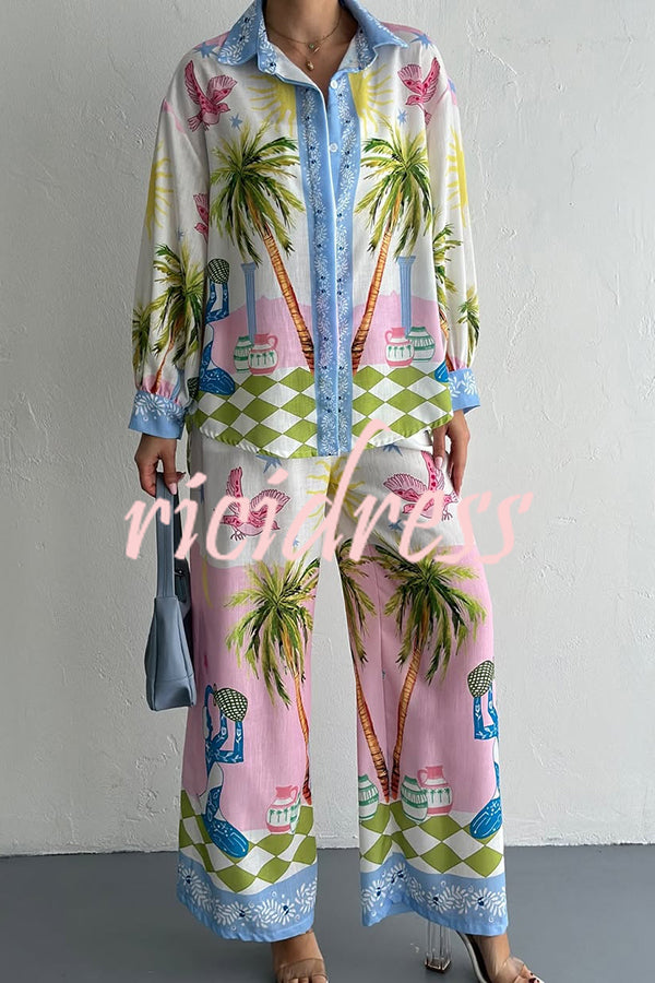 Holiday Style Print Loose Long Sleeve Shirt and Elastic Waist Loose Pocket Wide Leg Pants Set