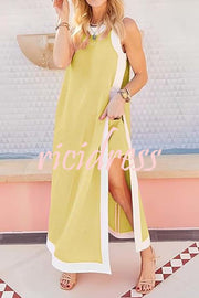 Ellie Contrast Color Sleeveless Midi Top and Elastic Waist Pocket Shorts Set