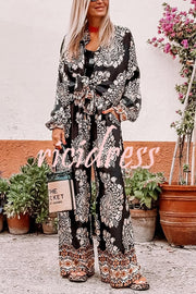 Unique Ethnic Print Loose Long-sleeved Shirt and Elastic Waist Pocket Straight Pants Set