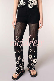 Fashion Embroidered Hollow Hook Elastic Waist Casual Wide-leg Pants