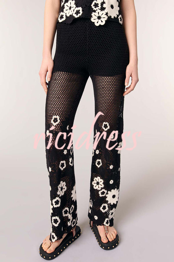 Fashion Embroidered Hollow Hook Elastic Waist Casual Wide-leg Pants