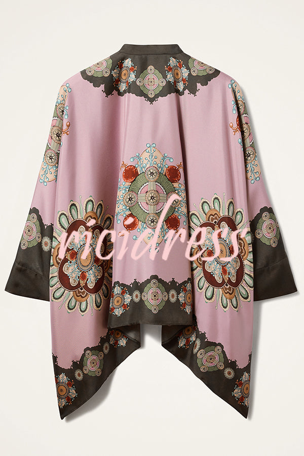Satin Unique Print Loose Batwing Sleeve Top and Elastic Waist Pocket Casual Wide-leg Pants Set