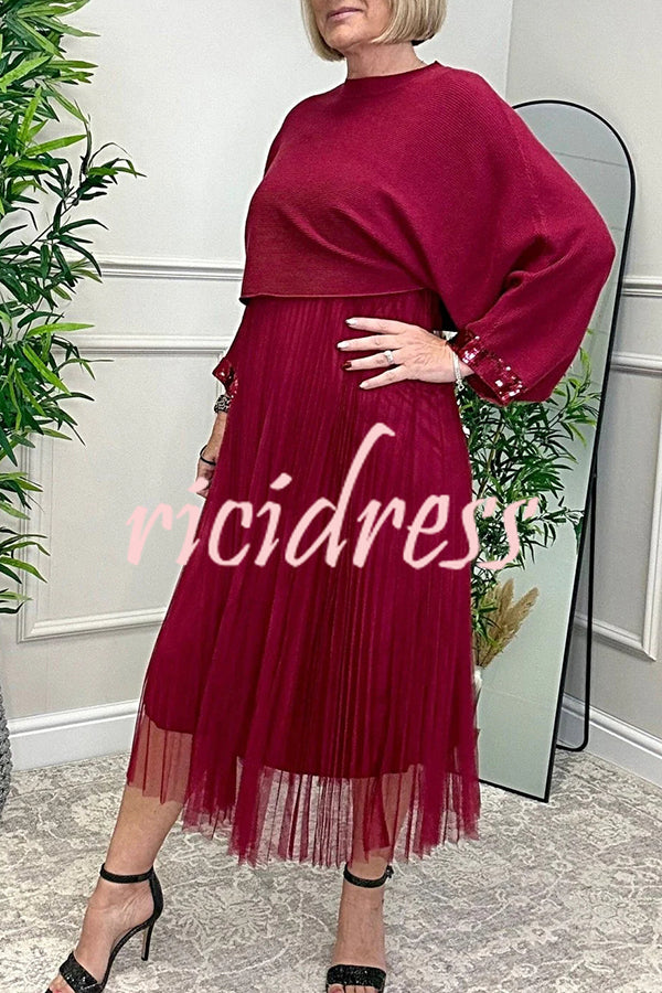 Fenna Ribbed Sequin Trim Batwing Sleeve Sweater and Pleated Tulle Stretch Tank Midi Dress Two-piece Set