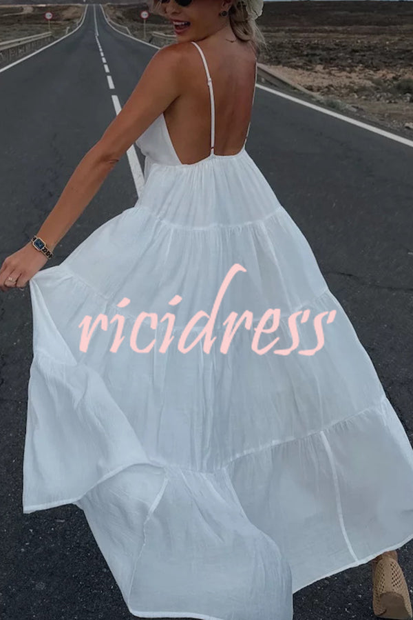Bohemian Style V-neck Backless Slip Layered Vacation Maxi Dress