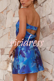 Dreamworld Satin Floral Print Sexy Strapless Backless Mini Dress