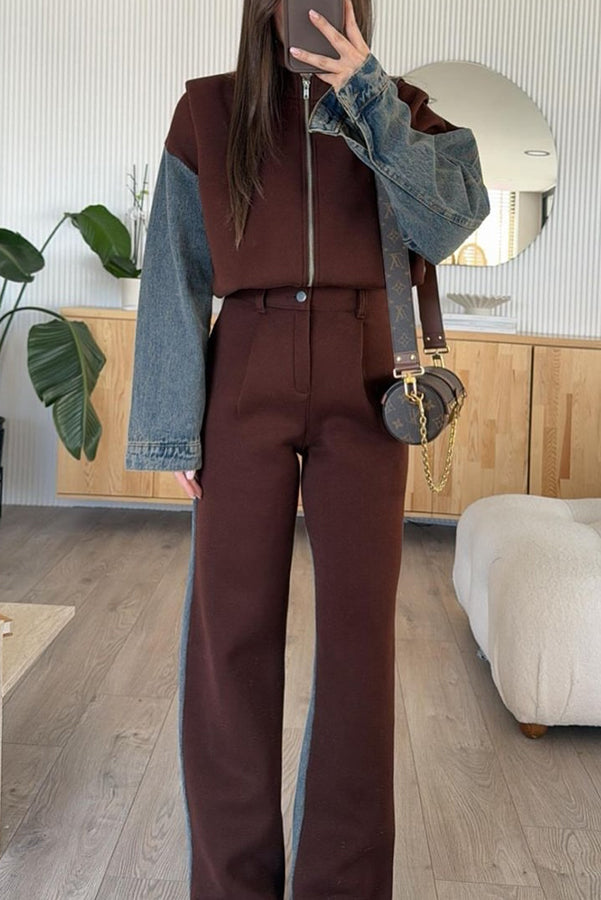 Sports Fashion Denim Patchwork Sweatshirt Fabric High Rise Pocket Loose Pants
