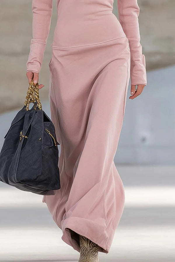 Solid Color Long-sleeved Lapel Zipper Casual Maxi Dress