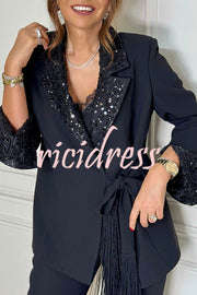 Social Time Embroidered Sequin Patchwork Tassel Belt Detail Lapel Party Blazer