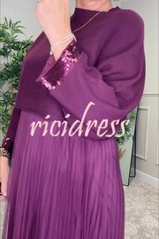 Fenna Ribbed Sequin Trim Batwing Sleeve Sweater and Pleated Tulle Stretch Tank Midi Dress Two-piece Set