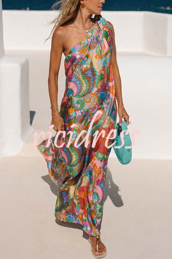 Rainbow Breeze Satin Unique Print Bow One Shoulder Loose Maxi Dress