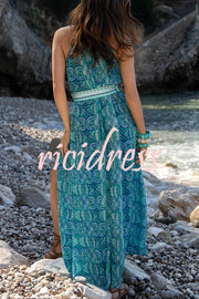 Unique Print Sexy Off-the-shoulder Waist Tie Slit Holiday Midi Dresses