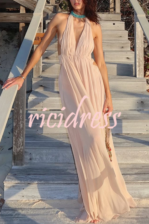 Ethereal Moment Tulle Cutout Ruched Waist Backless Halter Maxi Dress