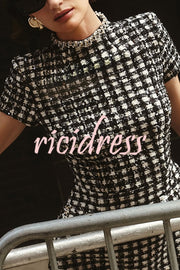 Eve Check Bouclé-tweed Fabric Pearl Trim Short Sleeve Pocketed Mini Dress