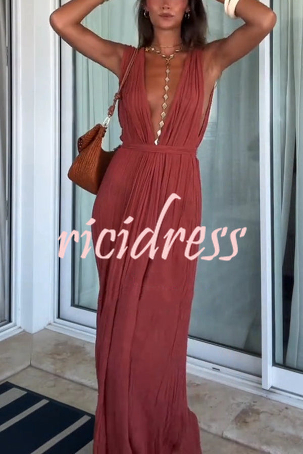 Resort Style V-neck Tie Pleated Casual Jumpsuit