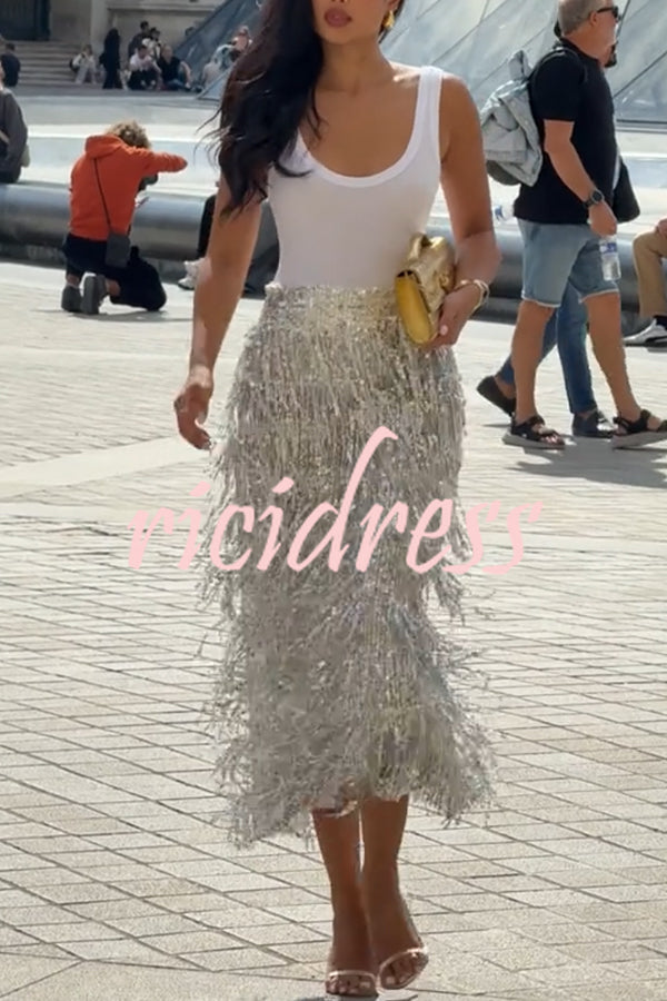 Evening Charm Layered Sequined Tassels High Rise Back Zipper Slit Midi Skirt