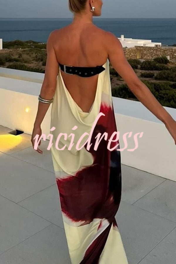 Floral Print Sexy Strapless Backless Belt Maxi Dress