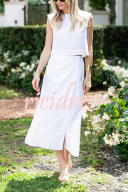 Linen Blend Crew Neck Sleeveless Crop Top and Buttoned Slit Midi Skirt Set