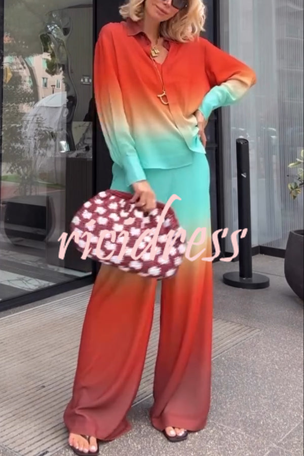 Neon Sunset Gradient Print Long Sleeve High Low Hem Blouse and Elastic Waist Loose Pants Set