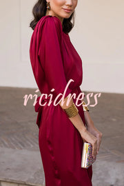 Satin Solid Color Round Neck Half Sleeve Waist Midi Dress