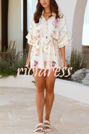 Plant Print Lapel Half Sleeve Tie Waist Loose Rompers