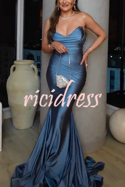 Jessica Satin Off Shoulder V-neck Ruched Detail Fishtail Maxi Dress