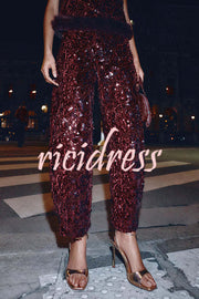 Gala Goddess Sequin High Rise Zipper Waist Wide Leg Pants