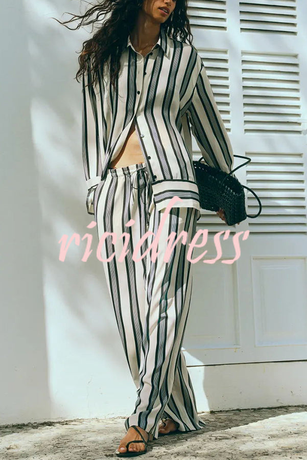 Lifetime of Happiness Striped Long Sleeve Loose Shirt and Elastic Waist Pocket Pants Set