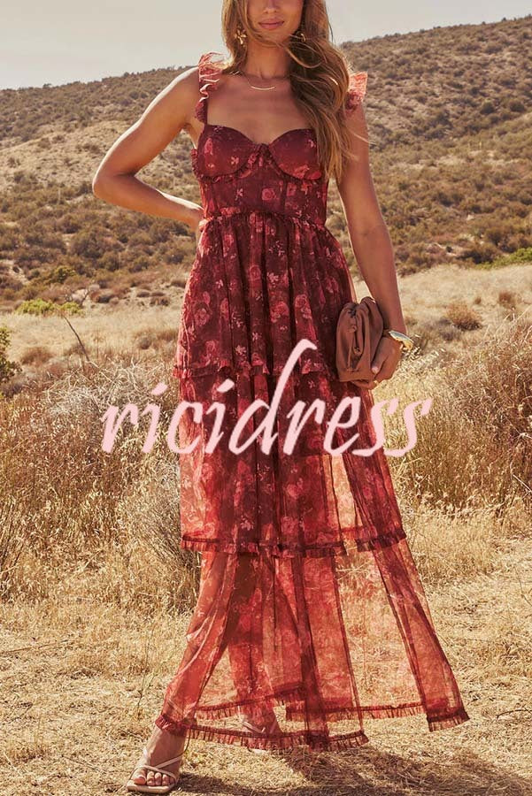 Romantic and Elegant Mesh Floral Back Smocked Tiered Ruffle Maxi Dress
