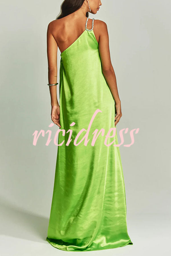 Charming Glance Satin Metal Hardware One Shoulder Loose Maxi Dress