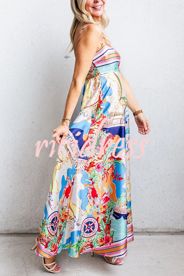 Satin Resort Print Sling Back Pleated Maxi Dress