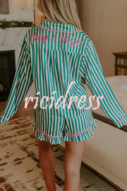 Merry and Bright Satin Striped Color-block Trim Loose Shirt and Elastic Waist Pocket Pajama Set
