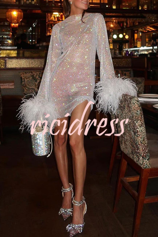 Night Surprise Rhinestone Fabric Feather Sleeve Party Mini Dress