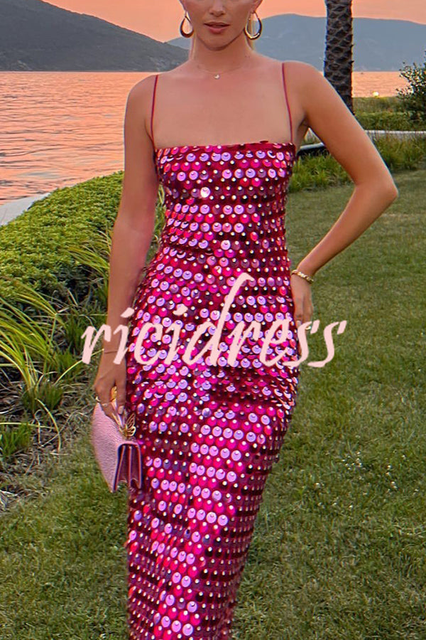 Sexy Sequined Halter-neck Backless Slim Fit Slit Midi Dress