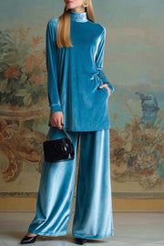 Solid Color Velvet Turtleneck Long-sleeved Loose Top and Elastic Waist Pocket Casual Wide-leg Pants Set